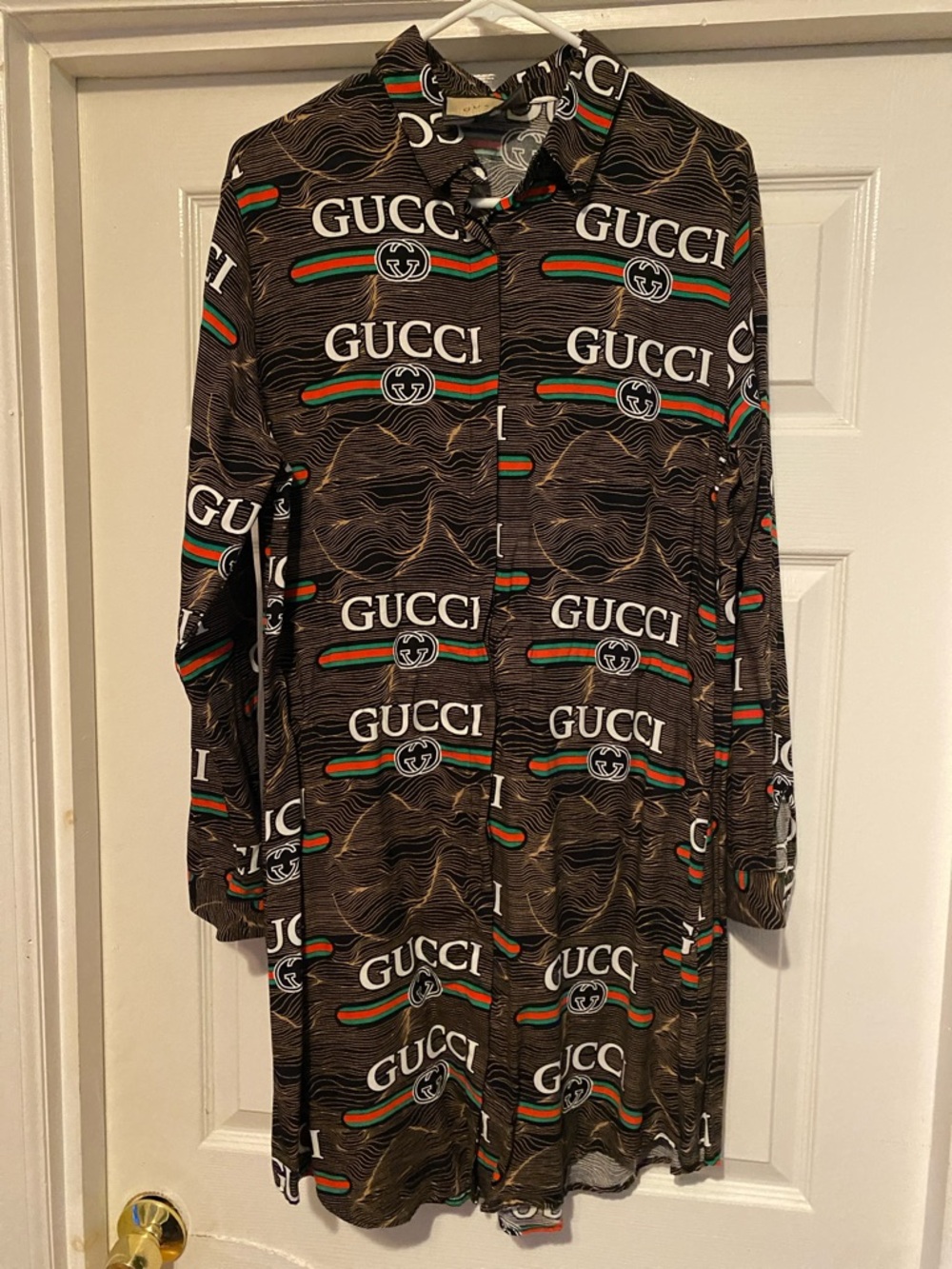 Gucci Black Logo Shirt Dress with Green & Red Stripes
